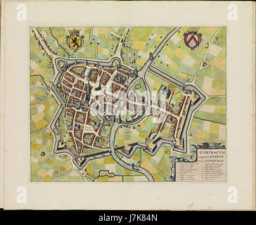 Eine historische Karte aus dem Atlas de Wit aus dem Jahr 1698, die die Stadt Kortrijk in Belgien zeigt. Auf dieser Karte werden die geografischen und städtischen Merkmale der townâ hervorgehoben. Stockfoto