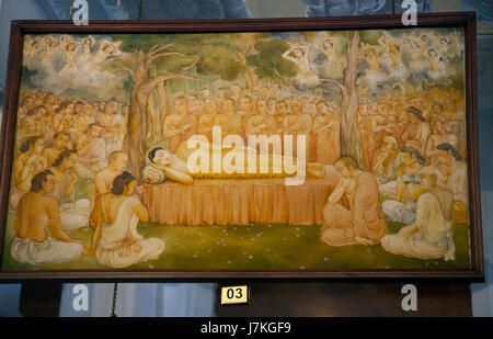 Kandy-Sri Lanka-Tempel Sri Dalada Museum Gemälde von der Geschichte von The Zahn Zahntempel - Buddha Parinirvana an der Sala Hain der Malla Könige in die Stadt Kusinara erreicht haben Stockfoto