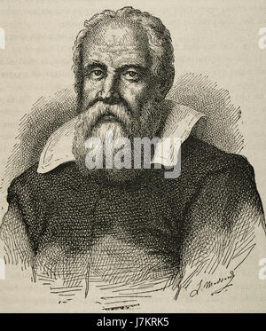 Galileo Galilei (1564-1642). Italienischer Mathematiker, Physiker und Astronom. Porträt. Gravur. "Semanario vertrauten Pintoresco", 1877. Stockfoto