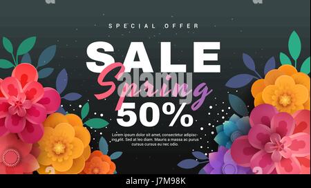 Verkauf Frühlingsbanner mit Papierblumen auf einem schwarzen Hintergrund. Stock Vektor
