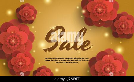 Verkauf gold Hintergrund mit roten Papierblumen. Stock Vektor