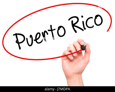 Hand des Mannes Puerto Rico mit schwarzem Filzstift auf Bildschirm zu schreiben. Isoliert auf Natur. Wirtschaft, Technologie, Internet-Konzept. Stock Foto Stockfoto