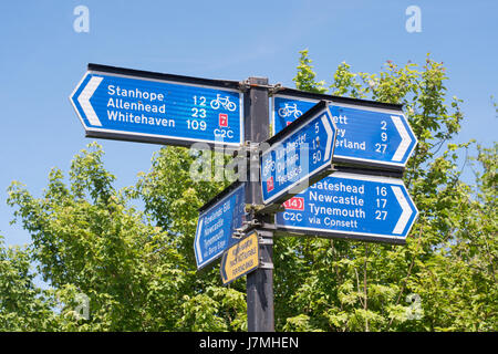 Cycle Route Wegweiser auf C2C Radweg an der Lydgetts Kreuzung, Consett, England, UK Stockfoto