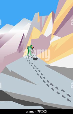 Vektor-Malerei des Fotografen schießen etwas in Bergen Stock Vektor