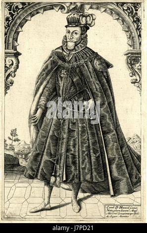 Ein Porträt von Charles Howard, 1. Earl of Nottingham, gemalt von William Rogers. Das Kunstwerk unterstreicht das edle Aussehen und die Kleidung dieser historischen Figur. Stockfoto