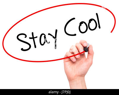 Mann Handschrift Stay Cool mit schwarzen Balken am Bildschirm. Auf Hintergrund isoliert. Wirtschaft, Technologie, Internet-Konzept. Stock Foto Stockfoto