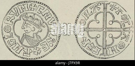 Dieser Gegenstand bezieht sich auf eine Münze aus der Regierungszeit von Cnut dem Großen, einem Wikingerkönig, der Anfang des 11. Jahrhunderts über England, Dänemark, Norwegen und Teile Schwedens regierte. Die Münze repräsentiert seine Herrschaft und die Wirtschaftssysteme der damaligen Zeit. Stockfoto