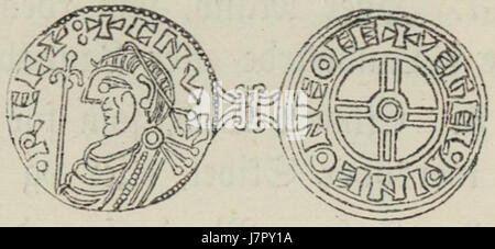 Dies bezieht sich auf eine Münze, die während der Regierungszeit von Cnut dem Großen, einem Wikingerkönig von England, ausgegeben wurde. In seiner Herrschaft von 1016 bis 1035 wurden verschiedene Münztypen eingeführt, was seine Herrschaft über England, Dänemark und Norwegen widerspiegelte. Stockfoto