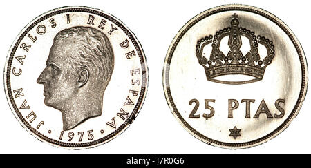 Dieses Bild bezieht sich auf die spanische 25-Peseten-Münze von 1976, die ein Design zeigt, das an die Zeit nach dem Ende des Regimes von Francisco Francoâ erinnert. Die Münze spiegelt den Übergang Spaniens zur Demokratie und sein sich entwickelndes Währungssystem in der Zeit nach dem Franco wider. Stockfoto
