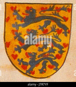 Das Nationalwappen Dänemarks mit drei blauen Löwen auf einem goldenen Schild, durchzogen von neun roten Herzen, überragt von einer königlichen Krone, die die Souveränität und das Erbe der Nation symbolisiert. Stockfoto
