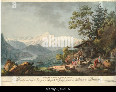 Diese 1875 entstandene Illustration von Louis Bacler zeigt den Mont Blanc, den höchsten Berg der Alpen. Das Kunstwerk fängt die majestätische Schönheit des Berges ein und zeigt seine schneebedeckten Gipfel und die umliegende Landschaft. Stockfoto