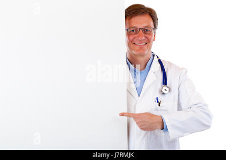 reif, das Glück Arzt zeigt mit Finger auf leeren Plakatwand Stockfoto