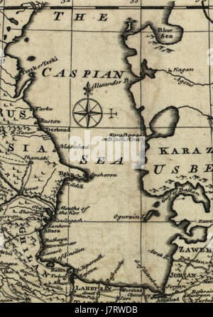 Das Kaspische Meer, wie auf dieser Karte von 1747 dargestellt, war ein wichtiges geographisches Merkmal im Persischen Reich. Die Karte zeigt die politischen und territorialen Grenzen der Region in der Mitte des 18. Jahrhunderts. Stockfoto