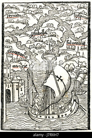 Der Columbus Brief, der 1493 in Basel veröffentlicht wurde, zeigt eine Illustration, die das Wesen der Entdeckungen von Christopher Columbusâ einfängt. Dieser Brief ist historisch bedeutsam für seine Rolle bei der Vermittlung der Neuen Welt. Stockfoto