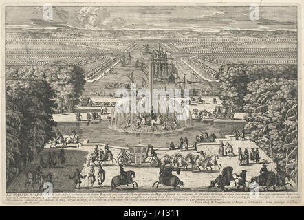 Le Bassin d’Apollon (der Apollonbrunnen) in Versailles wurde von Adam Perelle in den 1680er Jahren dargestellt Das Kunstwerk fängt die Pracht dieses ikonischen Brunnens in den Gärten des Schlosses von Versailles ein und zeigt barockes Design und königliche Architektur. Stockfoto