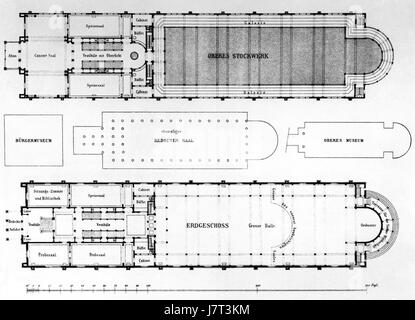 Die Alte Liederhalle in Stuttgart ist ein historisches Gebäude, das vor allem für seine klassischen Konzerte und kulturellen Veranstaltungen bekannt ist. Der Grundriss zeigt das architektonische Design und die Raumnutzung dieses kulturellen Ortes. Stockfoto