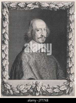 Dies ist ein Porträt von Kardinal Jules Mazarin, einer prominenten Persönlichkeit in der französischen Geschichte, das 1656 vom Künstler Robert Nanteuil geschaffen wurde. Mazarin war Ministerpräsident von Ludwig XIV. Und spielte im 17. Jahrhundert eine entscheidende Rolle in der französischen Politik. Stockfoto
