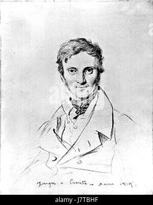 Auguste Caristie war ein bemerkenswerter Künstler des 19. Jahrhunderts, der oft mit dem klassischen Stil von Jean-Auguste-Dominique Ingres in Verbindung gebracht wurde. Seine Arbeiten spiegeln den Einfluss neoklassischer Techniken wider, wobei er sich auf Form und Realismus konzentriert, insbesondere in Porträts. Stockfoto