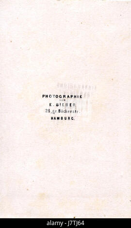 Das Foto mit dem Titel „Bieber CDV Revers 14“ ist ein Carte de Visite (CDV) Porträt, ein beliebtes Fotoformat im 19. Jahrhundert. Es zeigt ein detailliertes Bild, wahrscheinlich einer prominenten Person aus dem Zeitraum. Stockfoto