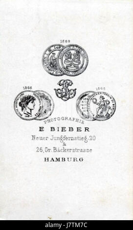 Das Foto zeigt ein Carte de Visite (CDV)-Porträt einer Person namens Bieber. Das CDV war ein populäres Fotoformat im 19. Jahrhundert, das häufig für Porträts und Sammlerstücke verwendet wurde. Stockfoto