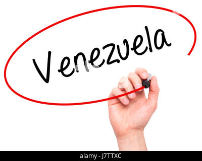 Hand des Mannes Venezuela mit schwarzem Filzstift auf Bildschirm zu schreiben. Isoliert auf weiss. Wirtschaft, Technologie, Internet-Konzept. Stockfoto