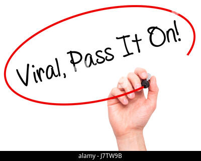 Mann Handschrift Viral, Pass It On!  mit schwarzen Balken am Bildschirm. Auf Hintergrund isoliert. Wirtschaft, Technologie, Internet-Konzept. Stock Foto Stockfoto