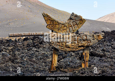 SingPost "Berge des Feuers". Timanfaya, Lanzarote, Kanarische Inseln, Spanien, Europa Stockfoto
