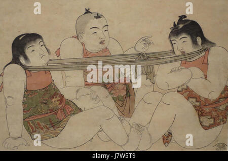 „Boys Playing Tug of war“ von Kitao Shigemasa, der um 1781 entstand, ist ein Holzschnitt, der Kinder zeigt, die an einem traditionellen japanischen Spiel beteiligt sind. Dieses Stück veranschaulicht den Ukiyo-e-Kunststil und fängt eine verspielte Alltagsszene aus Japan des 18. Jahrhunderts ein. Stockfoto