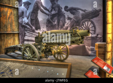 Dieses Bild bezieht sich auf ein Museum aus dem Zweiten Weltkrieg, das verschiedene historische Artefakte aus dem Zweiten Weltkrieg ausstellt. Die Sammlungen des Museums umfassen Militärausrüstung, Uniformen und Dokumente, die wichtige Ereignisse des Krieges beschreiben. Stockfoto