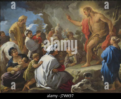 Saint John the Baptist Preaching ist ein Gemälde des italienischen Barockkünstlers Luca Giordano, das im Los Angeles County Museum of Art (LACMA) untergebracht ist. Das Werk zeigt den heiligen Johannes den Täufer, der seine Botschaft in einer dynamischen und ausdrucksstarken Komposition überbringt und den dramatischen Stil der Barockkunst unterstreicht. Stockfoto