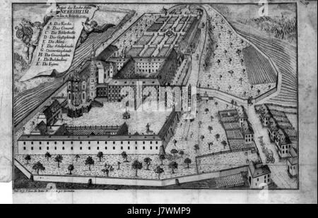 Eine historische Referenz an das Kloster Neresheim in Deutschland aus dem Jahr 1792, die seine religiöse und architektonische Bedeutung in der Region während dieser Zeit verdeutlicht. Stockfoto