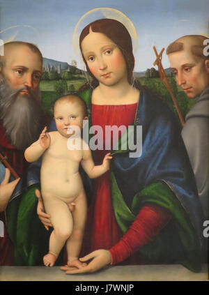 "Madonna mit Kind und Heiligen Hieronymus und Franziskus von Il Francia, Norton Simon Museum Stockfoto