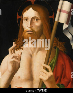 „Salvator Mundi“ von Marco Palmezzano ist ein Renaissance-Gemälde, das Christus als Erlöser der Welt darstellt. Das Stück spiegelt die Kunst des Künstlers in Porträts und religiöser Ikonographie wider und zeigt Kunst und Symbolismus der Renaissance. Dieses Werk betont die göttliche Rolle Christi und gilt als Beispiel religiöser Kunst in der Renaissance. Stockfoto