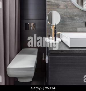 bad mit braunem Waschbecken und Arbeitsplatte, weiße Schränke, großer