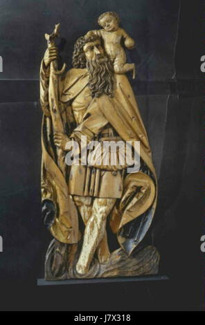 Dieser Titel bezieht sich auf ein anonymes Kunstwerk oder religiöse Darstellung des heiligen Christophorus mit dem Christuskind, das ein traditionelles christliches Thema des Schutzes und der Reise darstellt. Stockfoto