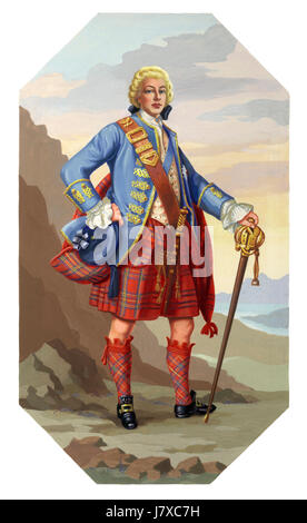 Eine Illustration von Bonnie Prince Charlie (Charles Edward Stuart) 1720-1788, Young Pretender. Gezeigt, posiert in den Highlands von Schottland, trägt er die schottische Trachtenmode Tartan kilt Stockfoto