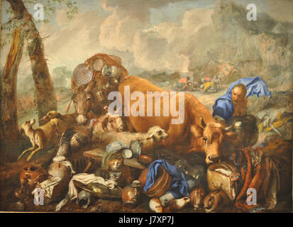 Ein Kunstwerk von Castiglioni, das Noahs Opfer nach der biblischen Sintflut darstellt. Es stellt einen Schlüsselmoment aus der Flut-Erzählung der Bibel dar und erfasst die religiöse und kulturelle Bedeutung des Ereignisses. Stockfoto