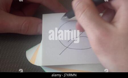 die Hand des jungen Mannes zieht ein trauriges Gesicht, dann durchgestrichen, reißt sich die Seite und zieht ein Smiley-Gesicht Stockfoto