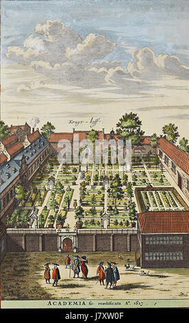 Eine Illustration aus der Ausgabe von Atlas de Wit aus dem Jahr 1698, die eine botanische Illustration im Garten von Leiden zeigt, die verschiedene Arten als Teil der frühen botanischen Erforschung zeigt. Stockfoto