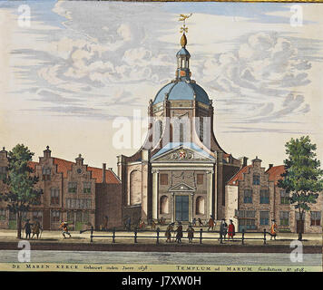 Eine Platte aus dem Atlas de Wit von 1698, die den Marekerk in Leiden, Niederlande, als Teil des historischen Stadtbildes zeigt. Stockfoto