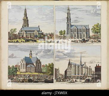 Dieser Stich aus dem „Atlas de Wit“ von 1698 zeigt Amsterdams Zuiderkerk, eines der bedeutendsten Wahrzeichen der Stadt. Die Zeichnung bietet einen künstlerischen und architektonischen Blick auf die Gegend aus dem 17. Jahrhundert. Stockfoto