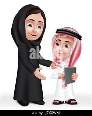 Arabische Lehrer Charakter Lehre junge Studentin in mobilen Tablet über Schule tragen Thobe und Abaya für Studien. Bearbeitbares Vektor-Illustration Stock Vektor