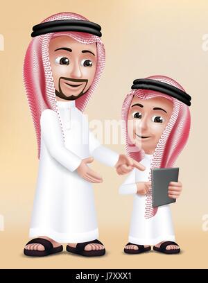 Arabische Lehrer Mann Charakter Lehre junge Schüler in mobilen Tablet über Schule tragen Thobe für Studien. Bearbeitbares Vektor-Illustration Stock Vektor