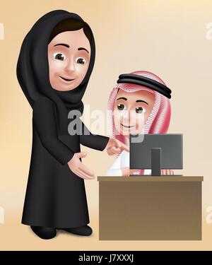 Arabische Frau Lehrer Charakter Unterricht Schüler Boy in Computerschule tragen schwarze Abaya und Thobe für Studien. Bearbeitbares Vektor-Illustration Stock Vektor