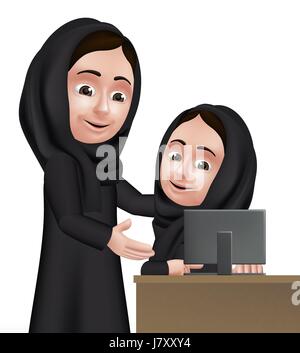 Arabische Frau Lehrer Charakter Lehre Studentin in Computerschule tragen schwarze Abaya für Studien. Bearbeitbares Vektor-Illustration Stock Vektor