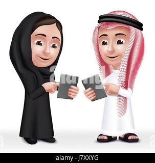 Arabische Kinder Zeichen, jungen und Mädchen Schule tragen Thobe und Abaya für Studien in mobilen Tablet sprechen. Bearbeitbares Vektor-Illustration Stock Vektor