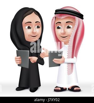 Arabische Kinder Zeichen, jungen und Mädchen Schule tragen Thobe und Abaya für Studien in mobilen Tablet sprechen. Bearbeitbares Vektor-Illustration Stock Vektor