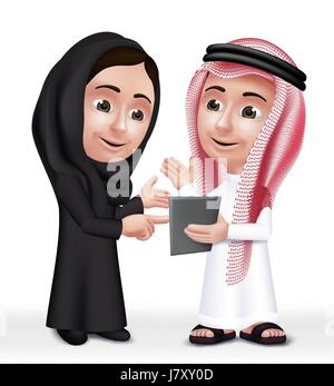Arabische Kinder Zeichen, jungen und Mädchen Schule tragen Thobe und Abaya für Studien in mobilen Tablet sprechen. Bearbeitbares Vektor-Illustration Stock Vektor