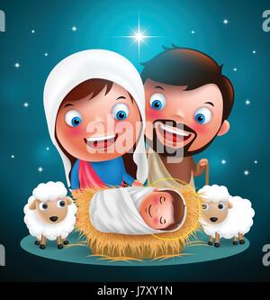 Heilige Nacht, wann Jesus geboren in Krippe mit Josef und Maria Zeichen für Weihnachten Vector, Urlaub Design mit Sternen im Hintergrund. Vektor-illustration Stock Vektor