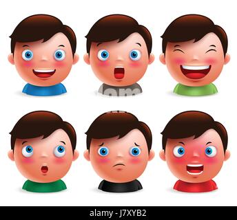 Kleiner junge Kind Avatar Mimik festgelegt. Niedlichen Emoticon Köpfe Vektor Zeichen in weißen Hintergrund isoliert. Vektor-Illustration. Stock Vektor